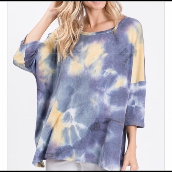 Blue and Yellow Waffle Knit Tie Dye Loose Fit Top - Picture 2 of 7